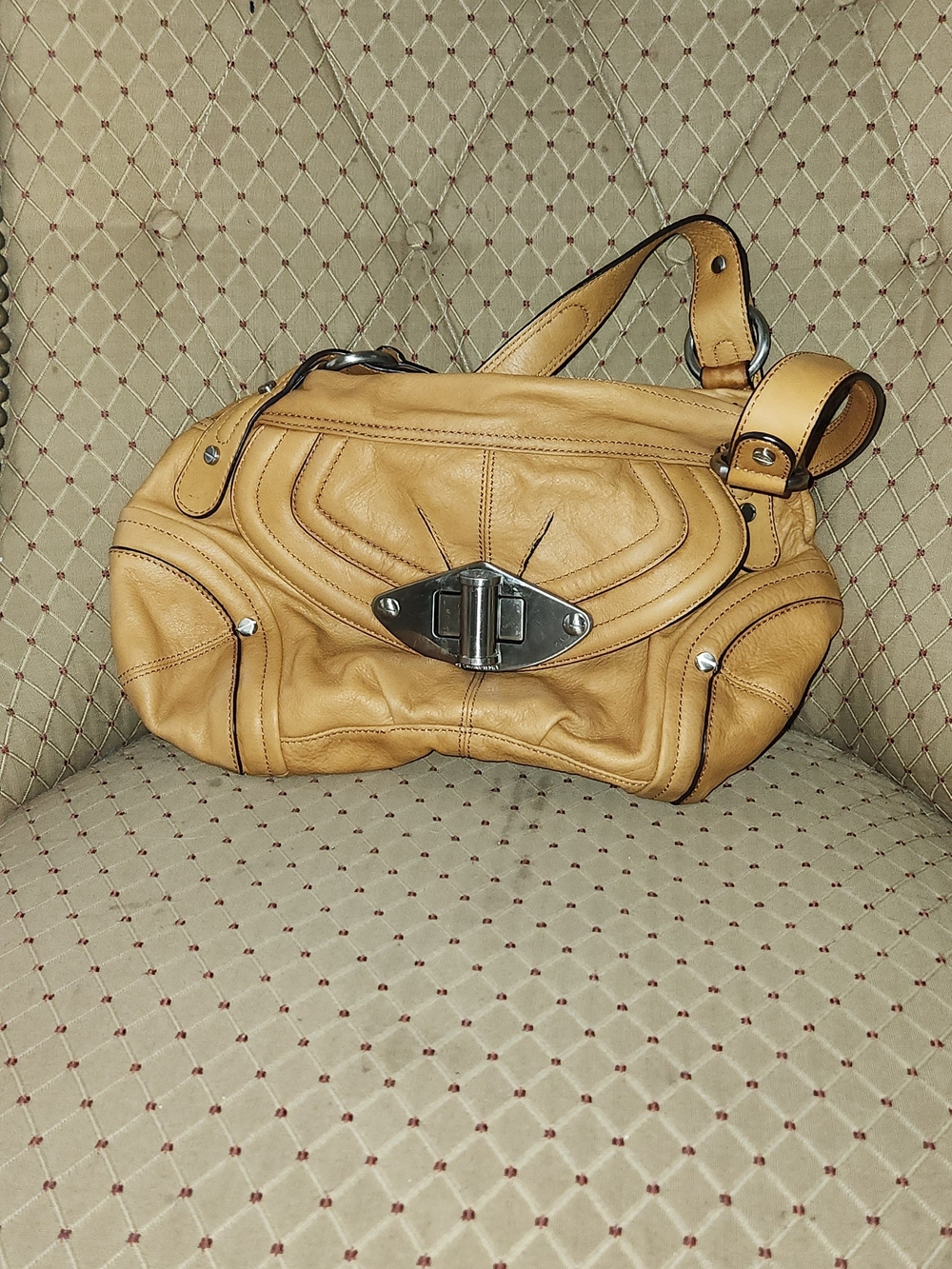 b. makowsky Tan Leather Shoulder Bag with Silver Turn-Lock